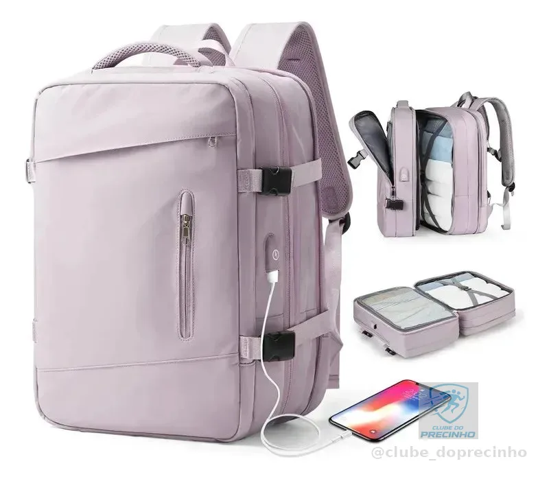 Mochila Executiva Expansível Mala Viagem Unissex Cor Rosa-claro Desenho Do Tecido Liso