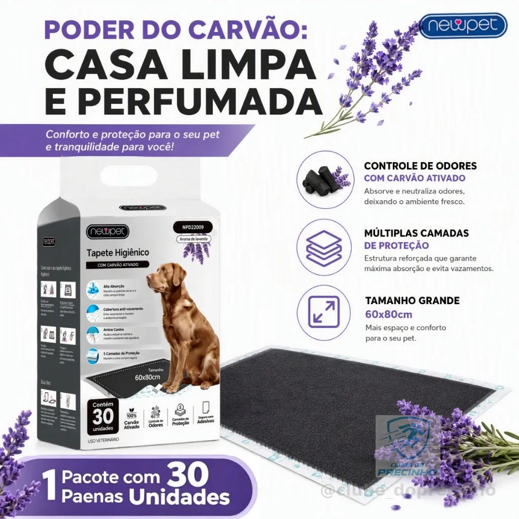 Tapete Higiênico Cães Carvão Bambu Ativado Aroma Lavanda 30 Unidades Absorvente Anti Odor Tamanho 60x60cm / 80x60cm