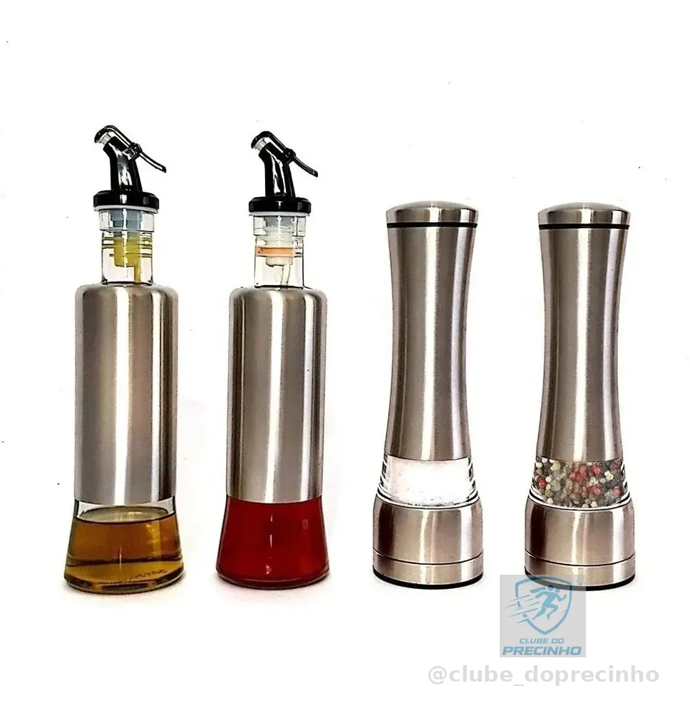2 Moedores Sal Pimenta Em Aço Inox + 2 Porta Azeite Aço Inox