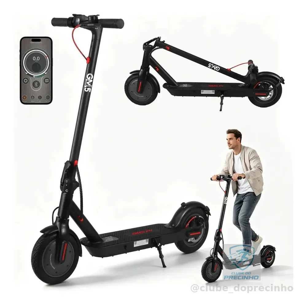 Patinete Elétrico GM5 P1 Preto Dobrável com Bluetooth, 25 Km/h e Autonomia de 22 Km