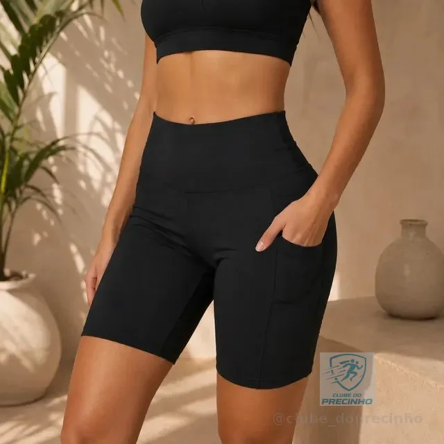 Shorts Feminino Academia Bermuda Bolso Lateral Cintura Alta