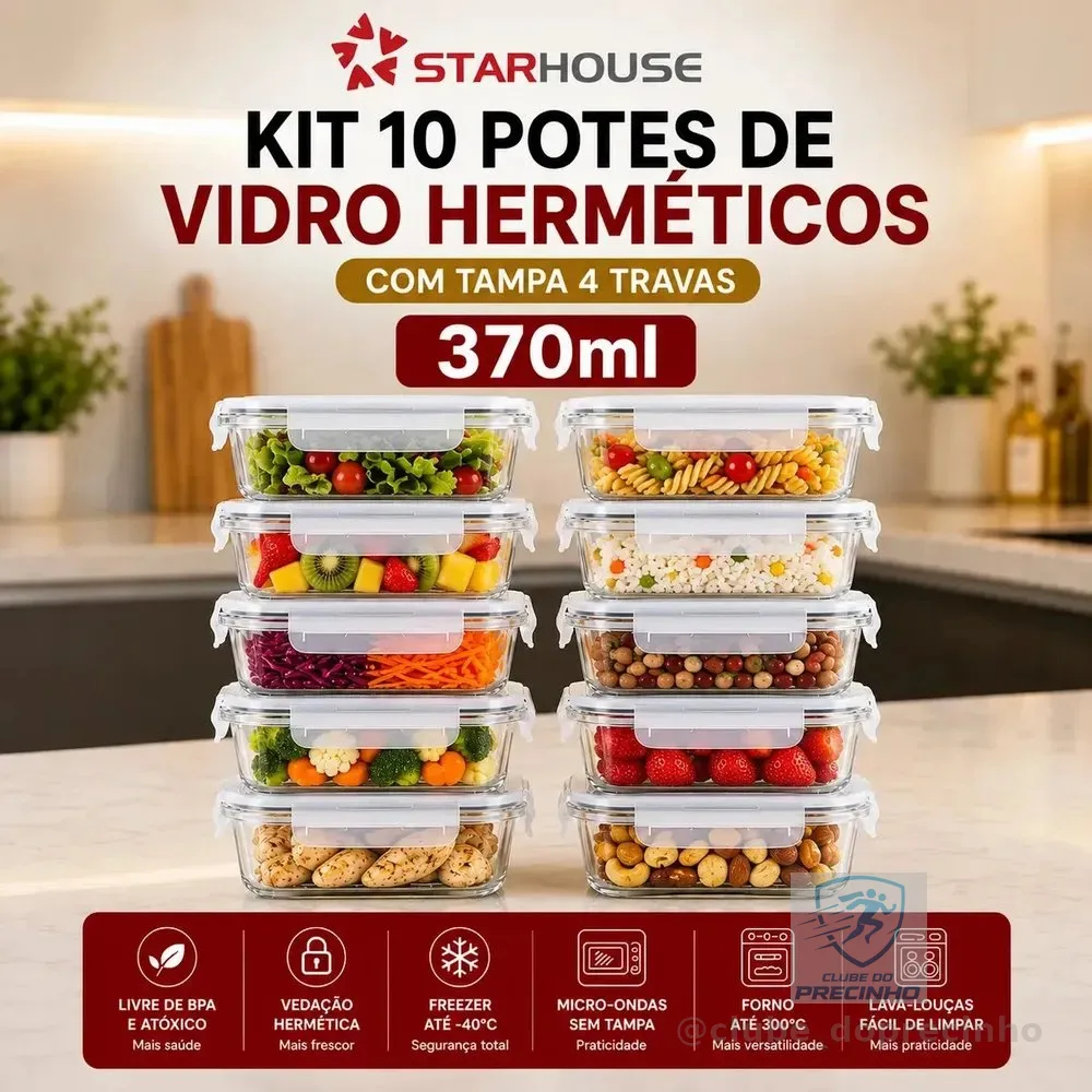 Kit 10 Potes Herméticos Vidro 370ml Starhouse Marmita Forno Micro-ondas Airfryer com 4 travas de super vedação