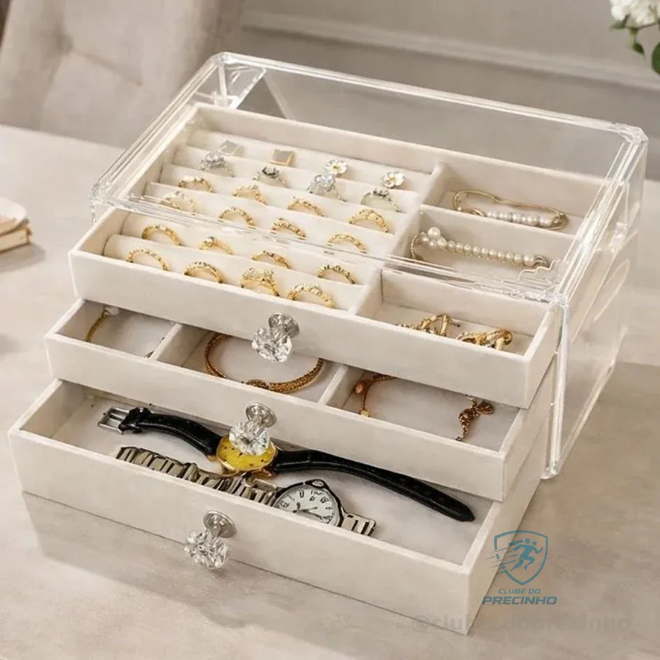 Porta Joias Caixa Organizadora Luxo Para Jóias De Acrílico Com 3 Gavetas, Organizer Suas Bijuterias, Aneis, Correntes, Brincos, Colares Cor Bege - House Organizer