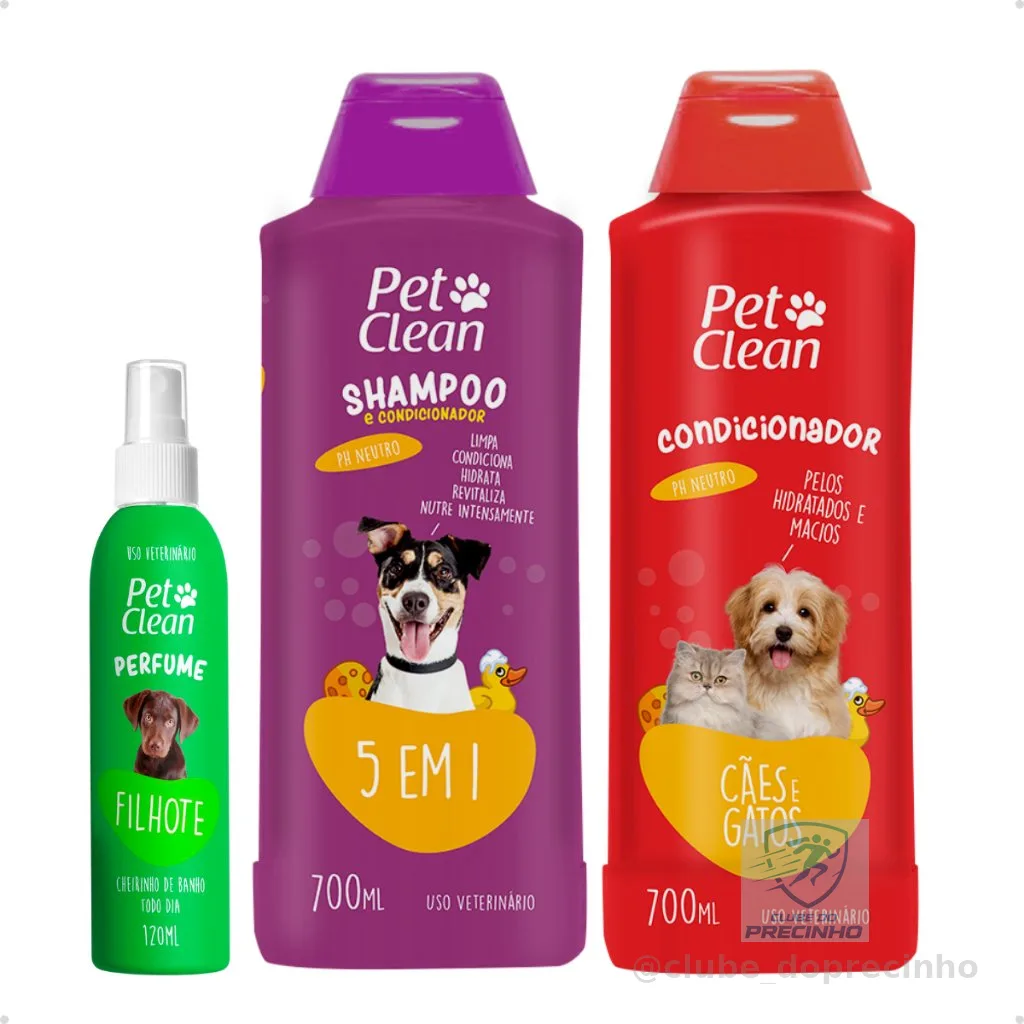 Kit Banho Higiene Shampoo 5 em 1 Creme Condicionador Perfume Pet Shop para Cachorro e Gato Pet Clean