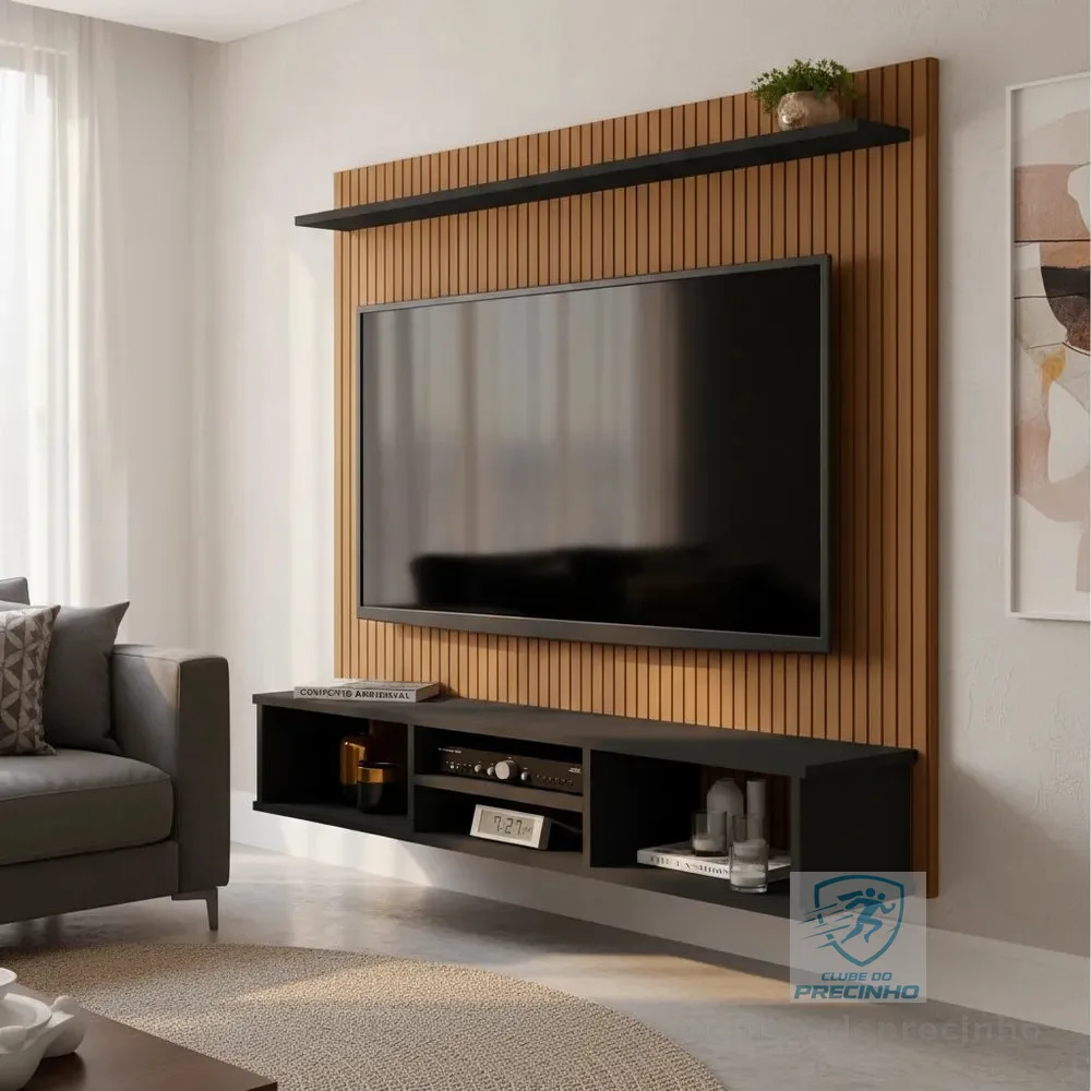 Painel TV Ripado Preto 3D com Nichos e Prateleira 50 Polegadas