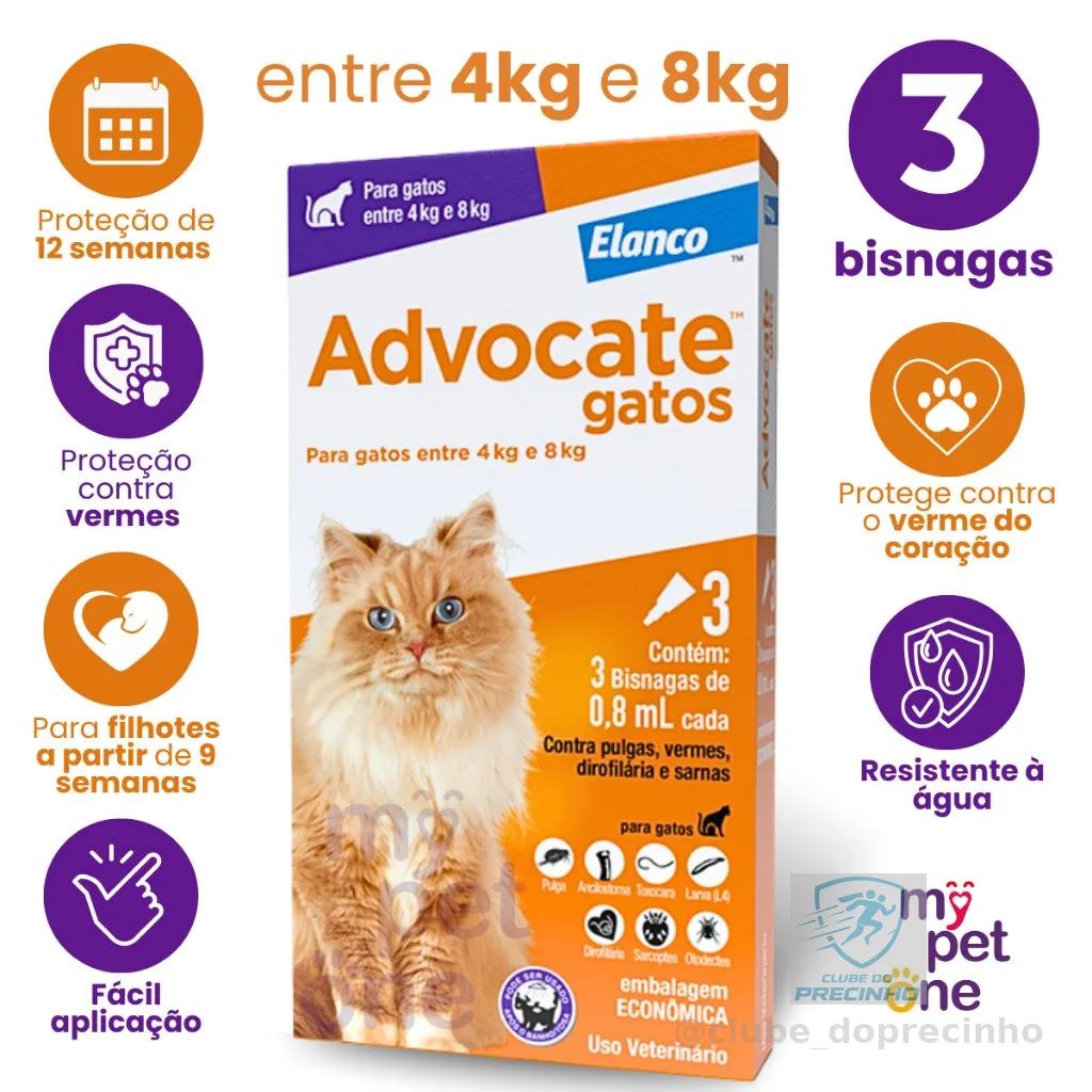 Advocate Elanco 0,8 mL para Gatos de 4 a 8 Kg - 3 Bisnagas