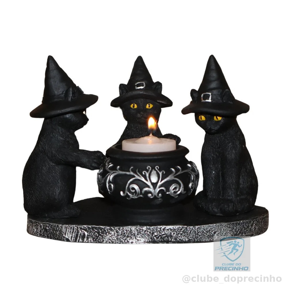 Estatueta Estátua Gato Bruxo Wicca Caldeirão 2 em 1 Místico Porta Incenso Castiçal
