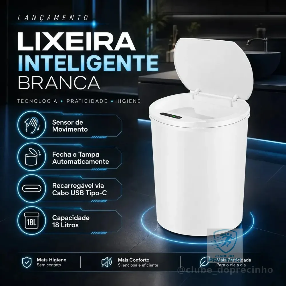 Lixeira Inteligente Automática Branca Com Sensor Anti Odor 16l Recarregável Usb Abre Sozinha