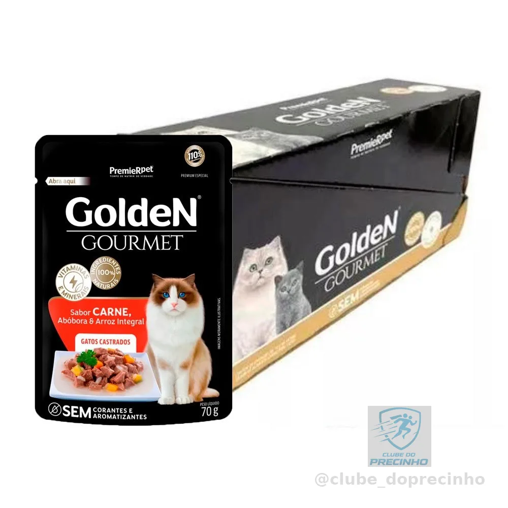 Caixa 20Un. Ração Úmida Golden Gourmet Para Gatos Castrados Carne 70g