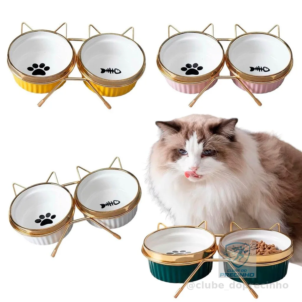 Comedouro Bebedouro Duplo Elevado Cerâmica Gatos Pet Persa