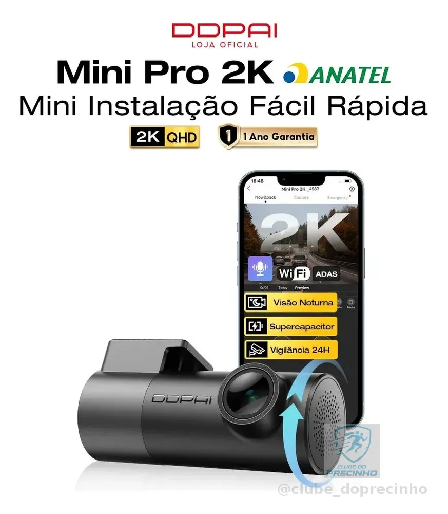 Ddpai Câmera Veicular Mini Pro 2K 1440p Dashcam com Wi-Fi e App Controle, Câmera Para Carro com Ângulo de 140° e Visão Noturna 2.0, Lente Rotativa 360°, Supercapacitor e Gravação em Loops para Carro