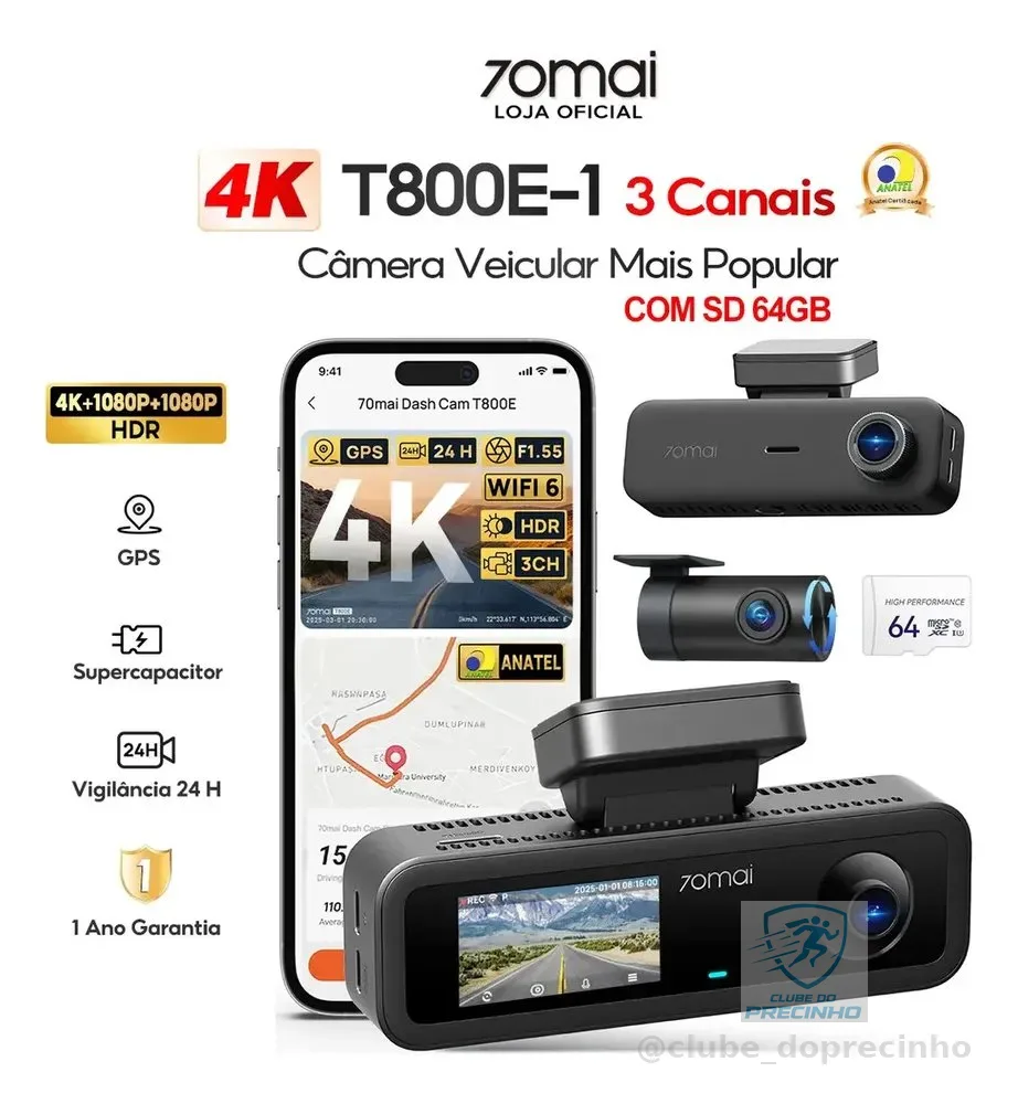 Câmera Veicular 3 Canais T800E-1 Com SD 64GB 4K+1080P+1080P 70mai GPS WiFi 6 APP Camera Carro HDR Visão Noturna Vigilância 24H Camera de Seguranca Veicular Supercapacitor para Uber/Taxi Com ANATEL