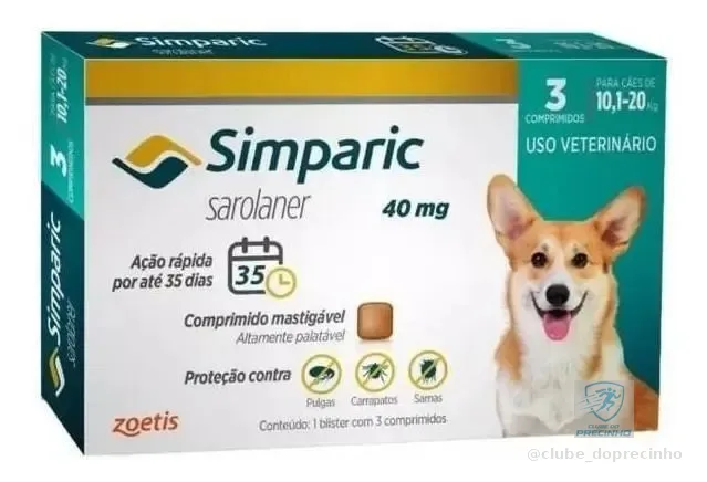 Simparic 40mg Zoetis Antipulgas e Carrapatos para Cães 10 a 20kg 3 Comprimidos