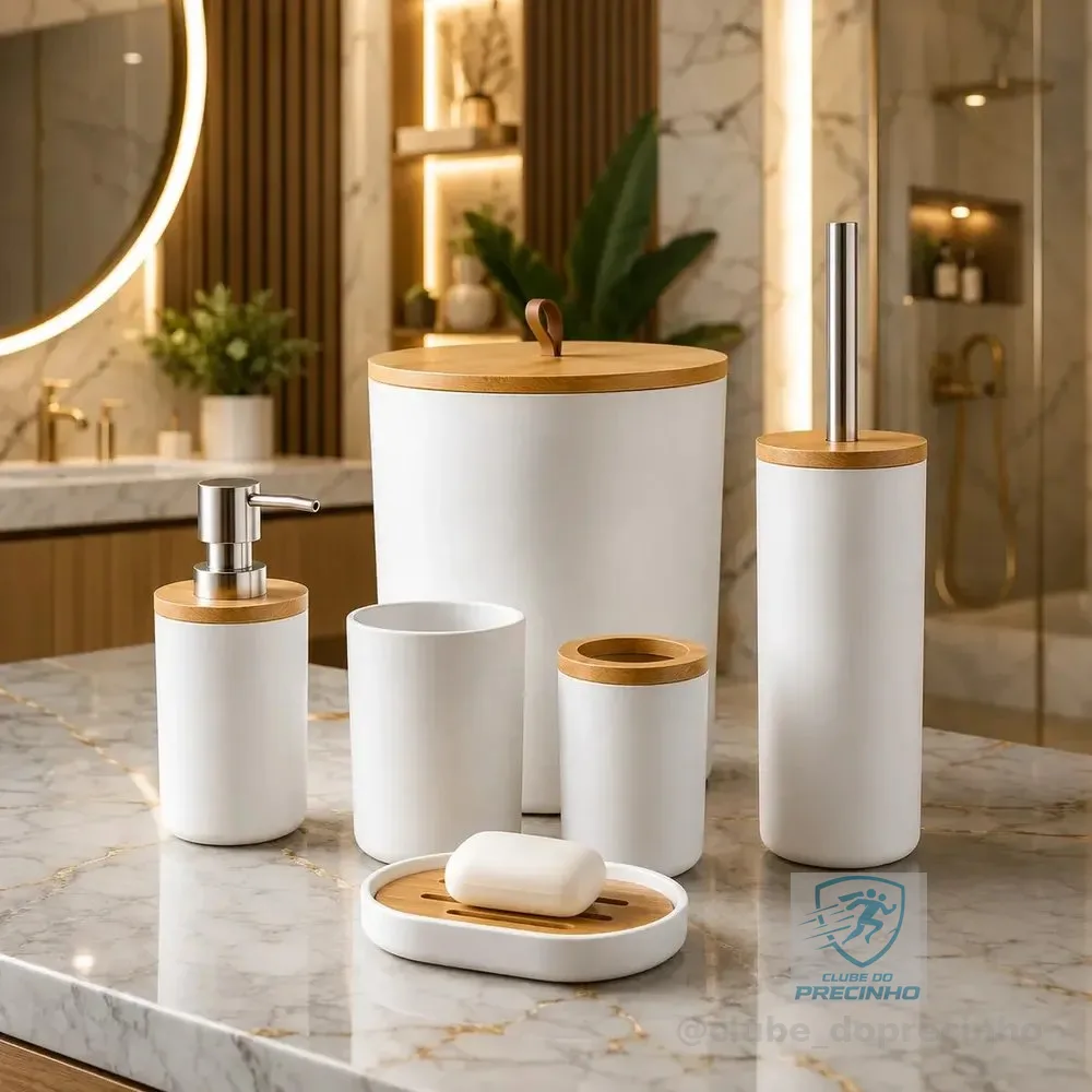 Kit Acessórios Banheiro 6 Peças Lixeira Escova Sanitária Dispenser Sabão Líquido Porta Escova Dente Saboneteira Cor Branco