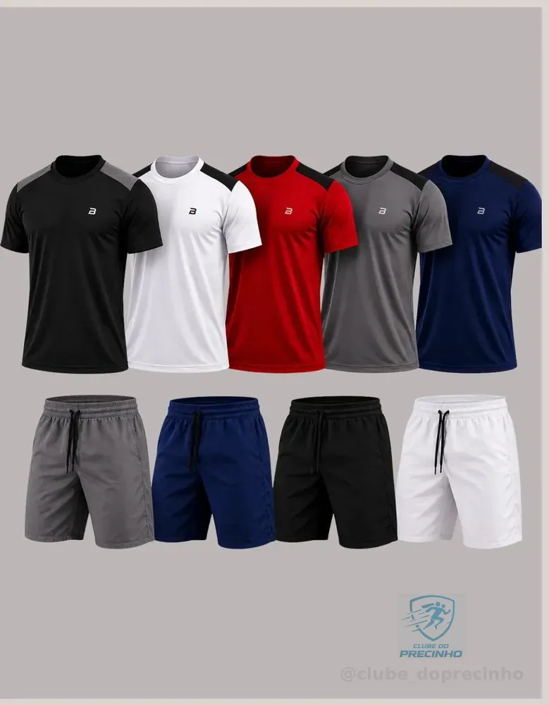 Kit 9 Peças Dry Fit Masculino 5 Camisas 4 Bermudas Premium Multicolorido Dry-liso P