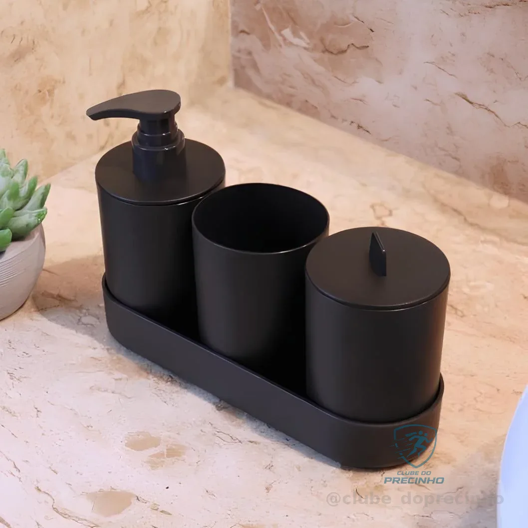 LYOR - Conjunto 4 Peças de Bambu e PP para Banheiro Preto - Porta-sabonete líquido, Porta-escova de dentes, Saboneteira, Porta Algodão
