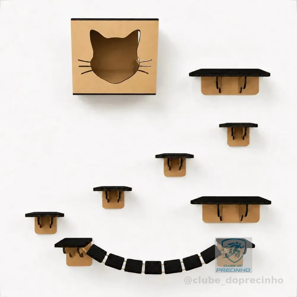 Playground Para Gato Brinquedo 8 Peças Nicho Degraus Prateleiras Ponte Com Carpete Antiderrapante - Grupo Paraíso Mdf