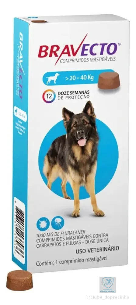 Bravecto Cães 20-40kg 1000mg 1 Comp. Mastigável Msd Azul