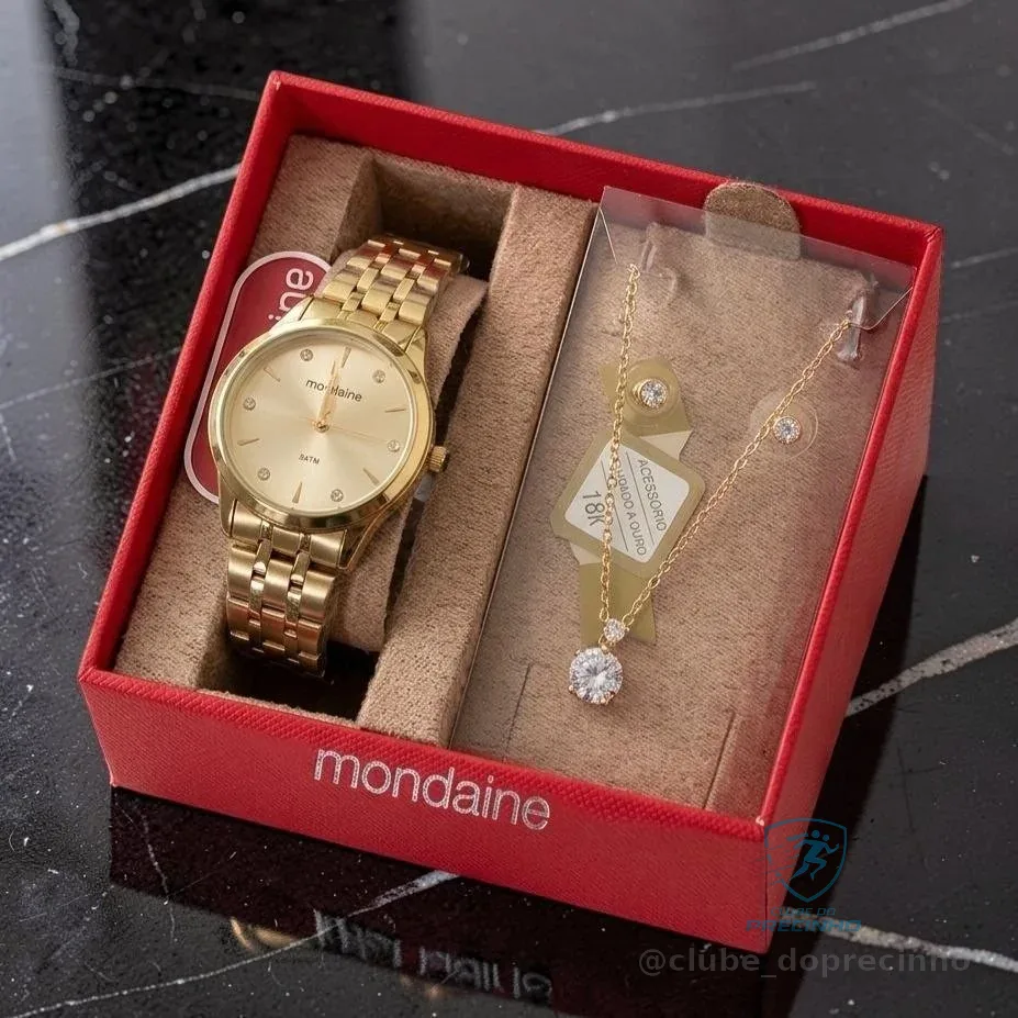 Kit Relógio Mondaine Feminino Dourado Com Colar E Brincos 32610lpmkde1k1