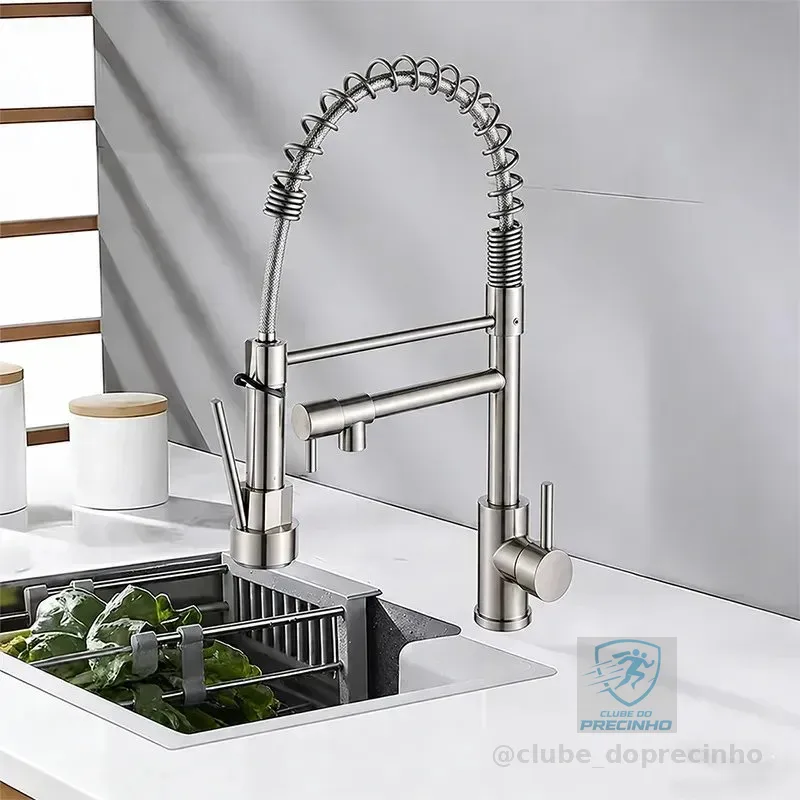 Torneira Monocomando Cozinha Gourmet Para Pia Bancada Flexivel Cor Inox 304 Escovado Prateado +60cm Tubo