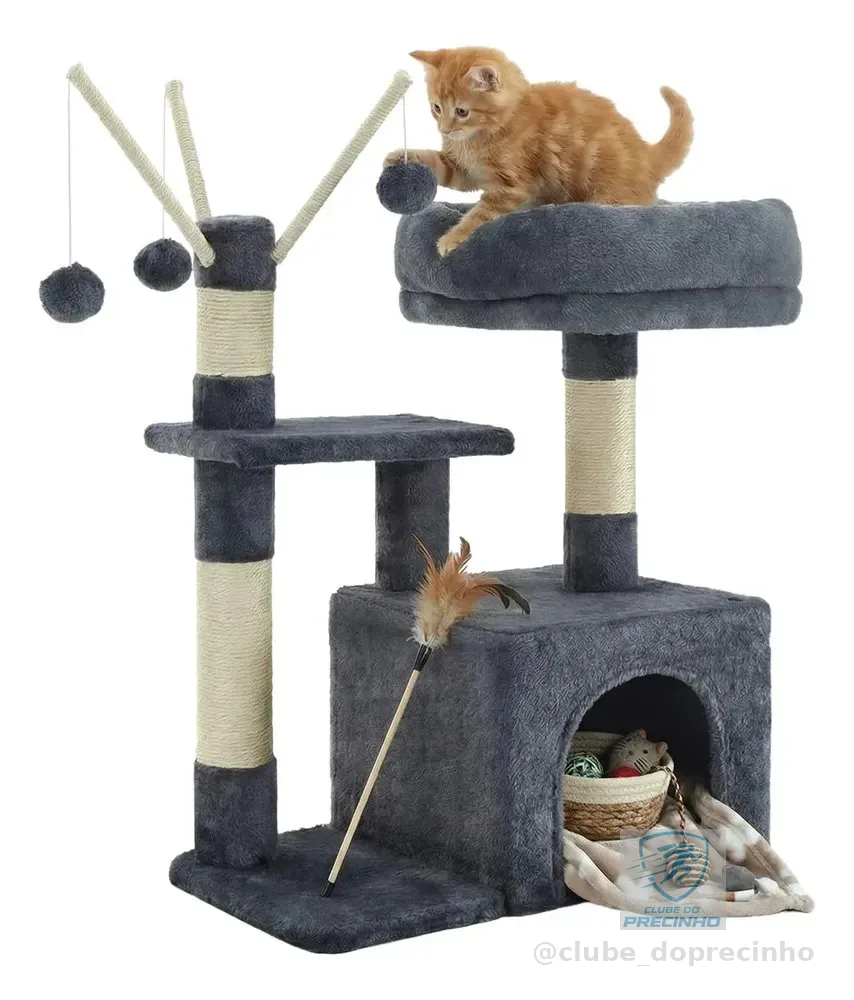 Arranhador Para Gatos Com 3 Pompoms, Casa Para Gatos Pequena Cor Cinza