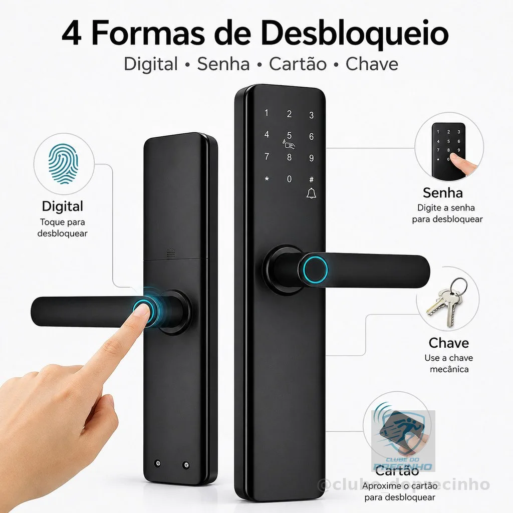 Fechadura Digital 22 × 160 mm Inteligente Tuya Biométrica Senha Cartão e Chave Mecânica