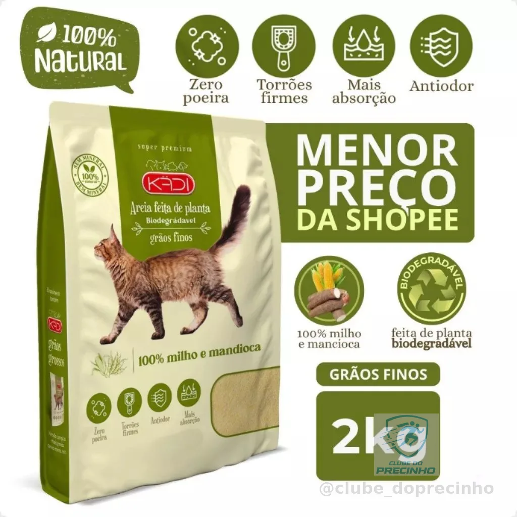 Kadi Areia Biodegradável Grão Fino Gato 2 Kg Milho e Mandioca Gatos Areia Gato 2kg Cat Verde Bio
