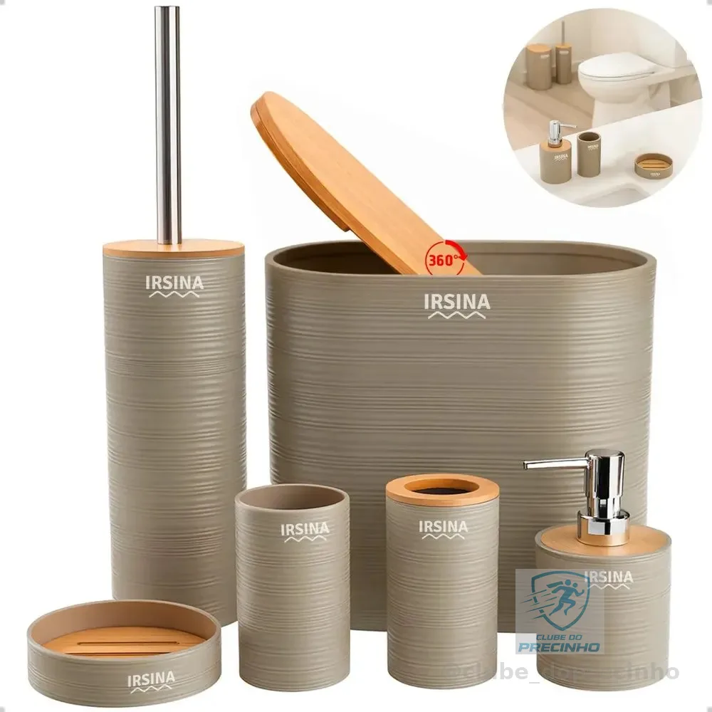 Kit Banheiro Completo Acessórios De Bambu Moderno Lixeira Com Tampa Escova Saboneteira Cor Bege Irsina