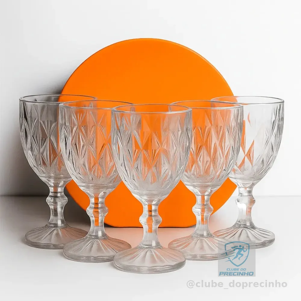 Jogo 6 Taças Vinho Água De Vidro 340ml Diamond Transparente Vinhos, Agua, Sucos, Mesa Posta, Café Da Manhã, Buffet Luxo E Elegância Rodrilar