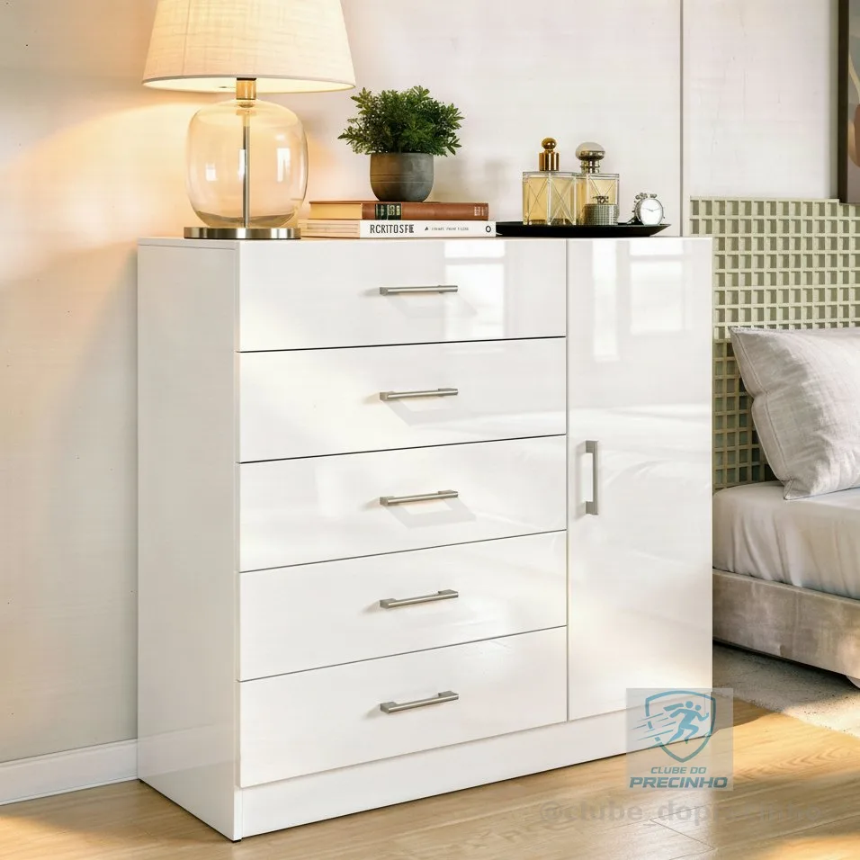Cômoda Miami 5 Gavetas 1 Porta Sapateira Organizadora Quarto Moderno Branco Off White - Blue Moby