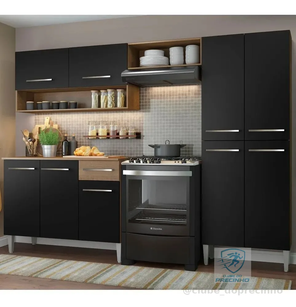 Armário de cozinha modulada completa compacta Emilly pop com armário e balcão cor rustic/preto GREM229002