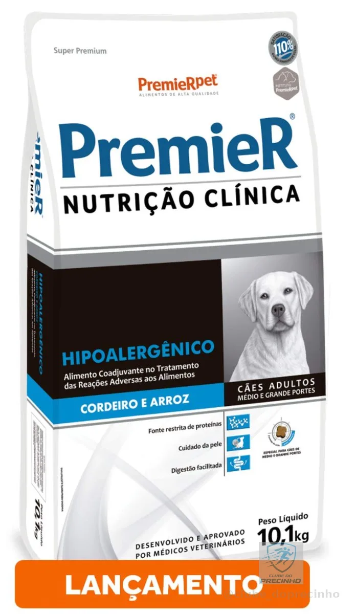 PremieR Pet Nutrição Clínica Ração Seca Hipoalergênica para Cães Adultos Portes Médio e Grande Sabor Cordeiro e Arroz 10kg