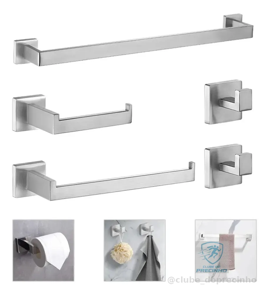 Kit 5 Conjunto Acessorios Suporte Banheiro Lavabo Inox 304 Prateado