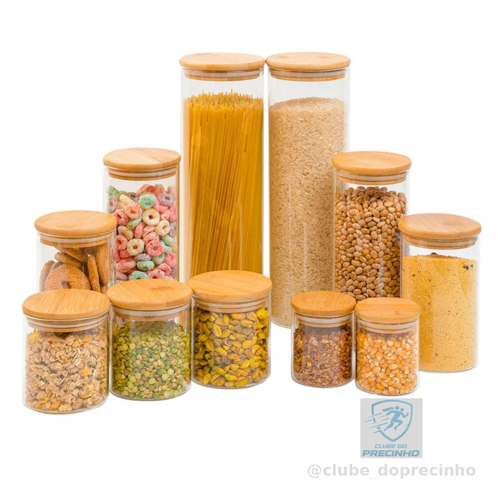 Kit 11 potes de vidro com tampa de bambu herméticos redondos - Tüd