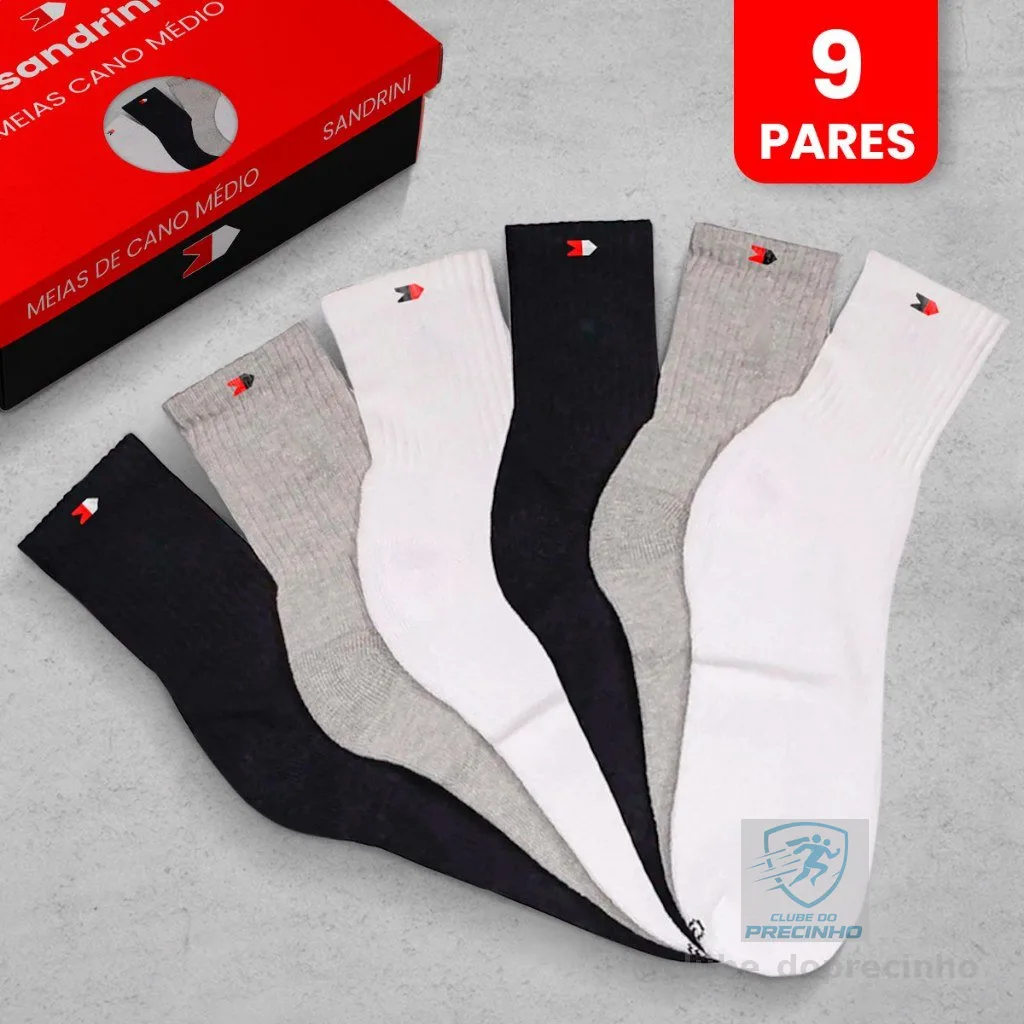 Kit 9 Pares Meias Esportivas Algodão Masculina Cano Médio Sandrini Promoção