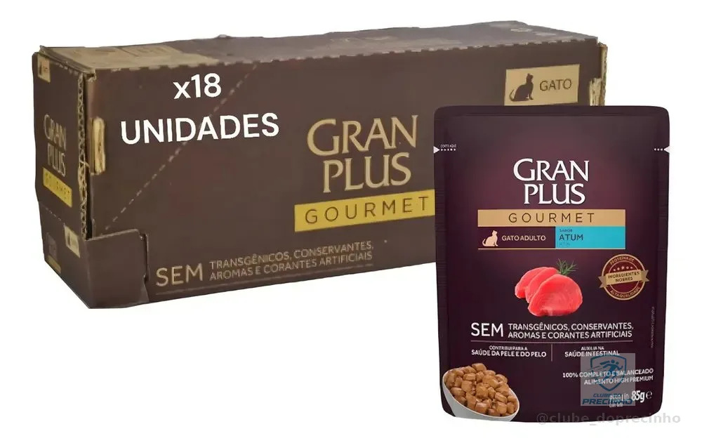 Ração Úmida GranPlus Gourmet Atum Gatos Adultos Caixa 18 Sachês 85g Alimento Completo