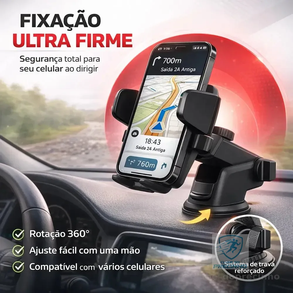 Suporte de Celular Veicular Automotivo 360º Universal Ajustável com Ventosa Gruda no Painel Vidro Parabrisa para GPS Encaixe Giratório Articulado com Trava Automática Anti Queda para Carro Caminhão