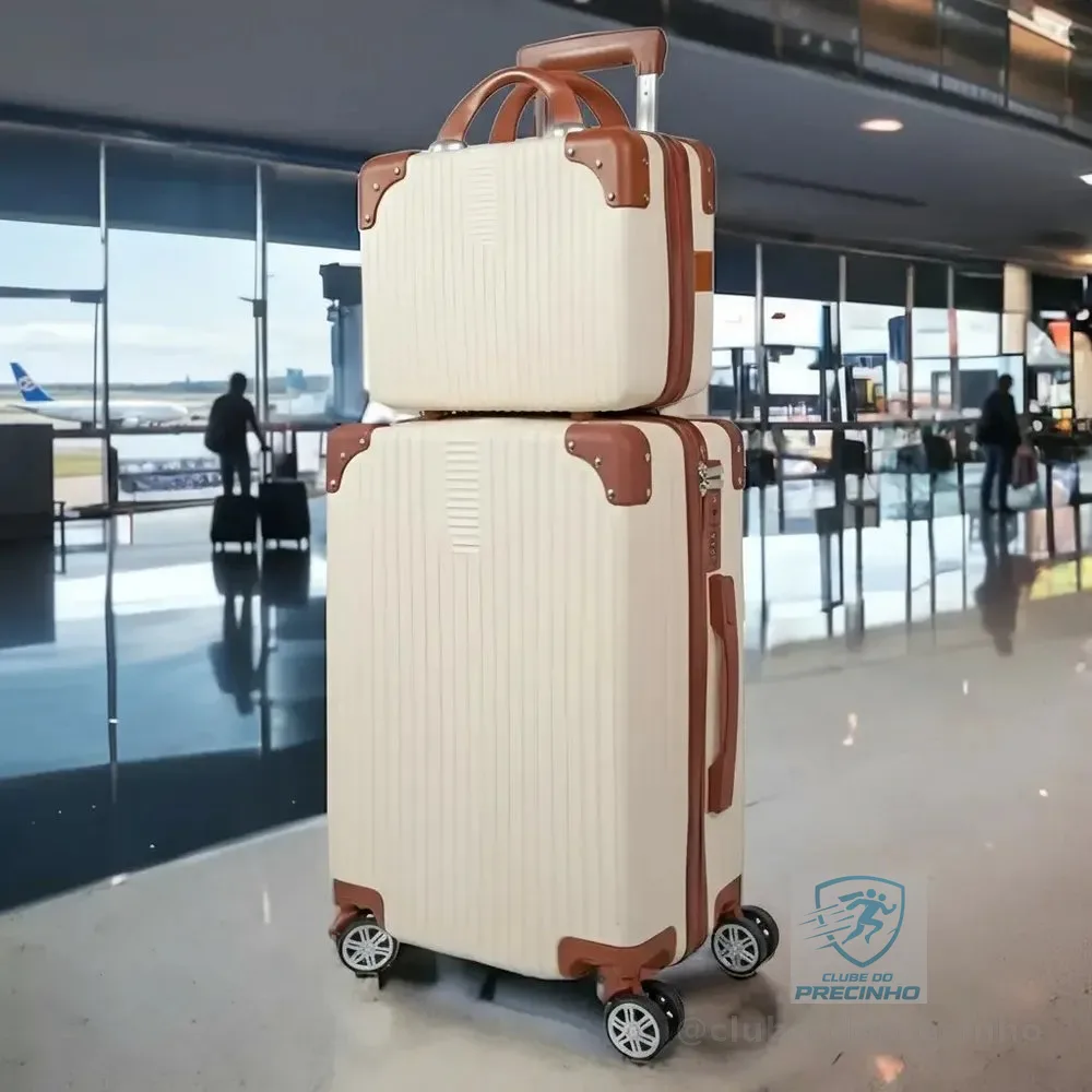 Mala De Viagem 10kg Promoção Rodas 360° Miami Com Frasqueira Bege Listras