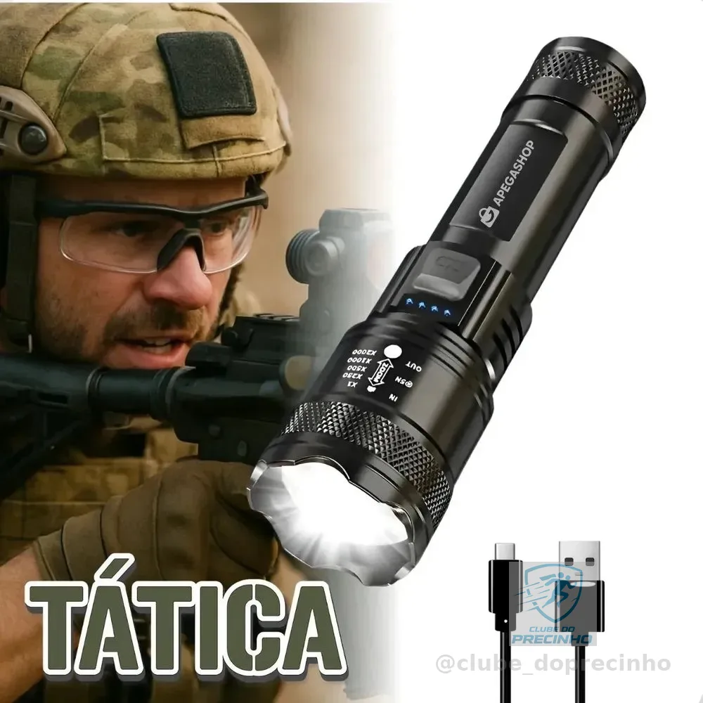 Lanterna Militar Tática Led Cree Recarregável Mais Forte Do Mundo Ultra Potente 1000m Zoom Alto Brilho Resistente Agua Sitio Fazenda