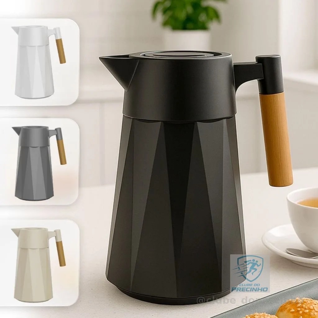 Garrafa Térmica Prisma 950 ml Para Chás/Café  Design Moderno Cabo Madeira