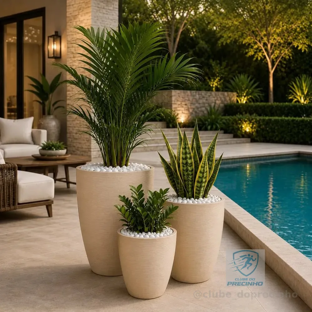 Kit 3 Vasos Grandes Plantas Polietileno Escovado Decorativo Bege