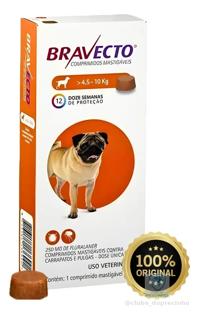 Bravecto 250mg Cães 4,5 A 10kg Antipulgas Original Laranja