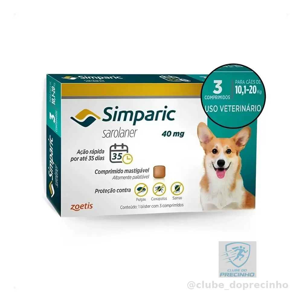 Antipulgas Para Cães Simparic 40mg De 10-20kg 3 Comprimidos  Ciano