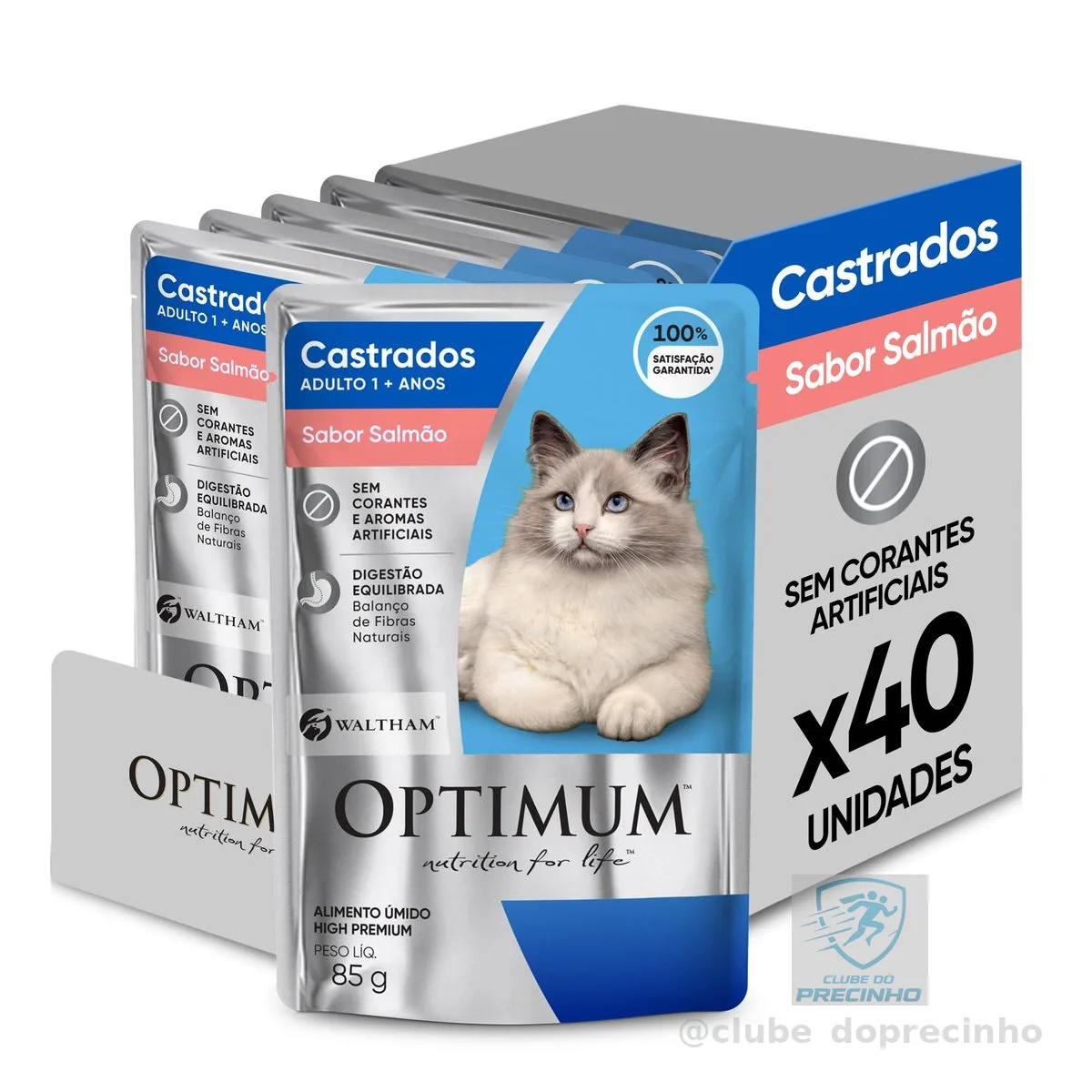 Pack Ração Úmida Optimum Sachê para Gatos Adultos Castrados Sabor Salmão 85g - 40 unidadaes