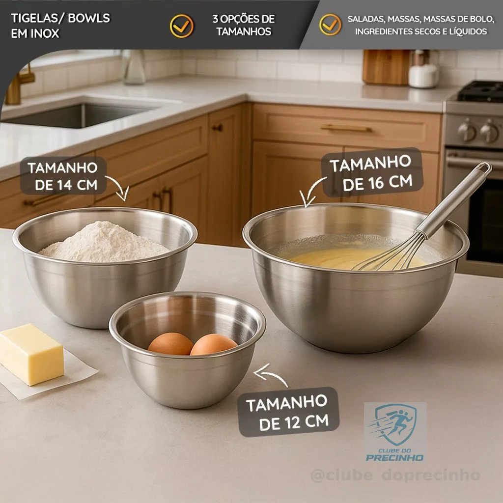Bowls de Aço Inox com Marcação 12/14/16 cm Profissional e Uso Doméstico 3 Tamanhos Alta Durabilidade