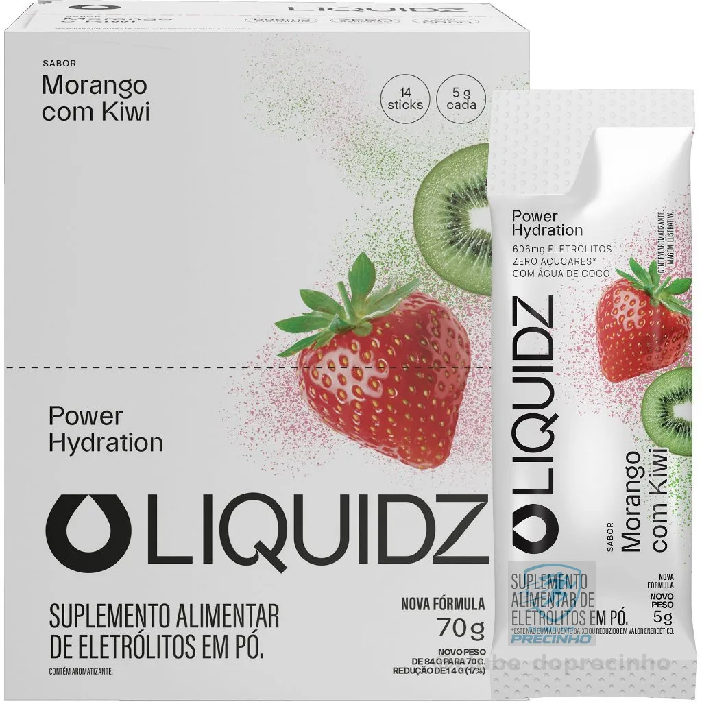 LIQUIDZ® - Eletrólitos Zero Açúcares - Sabor Morango com Kiwi  - Kit 1 Caixa - 14 sachês