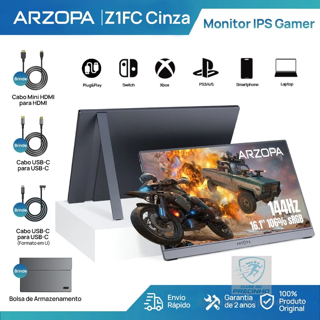 Monitor Gamer Portátil ARZOPA 16.1" 1080P, 144Hz, 106% sRGB, HDR, para Mac, PC, Switch e PlayStation