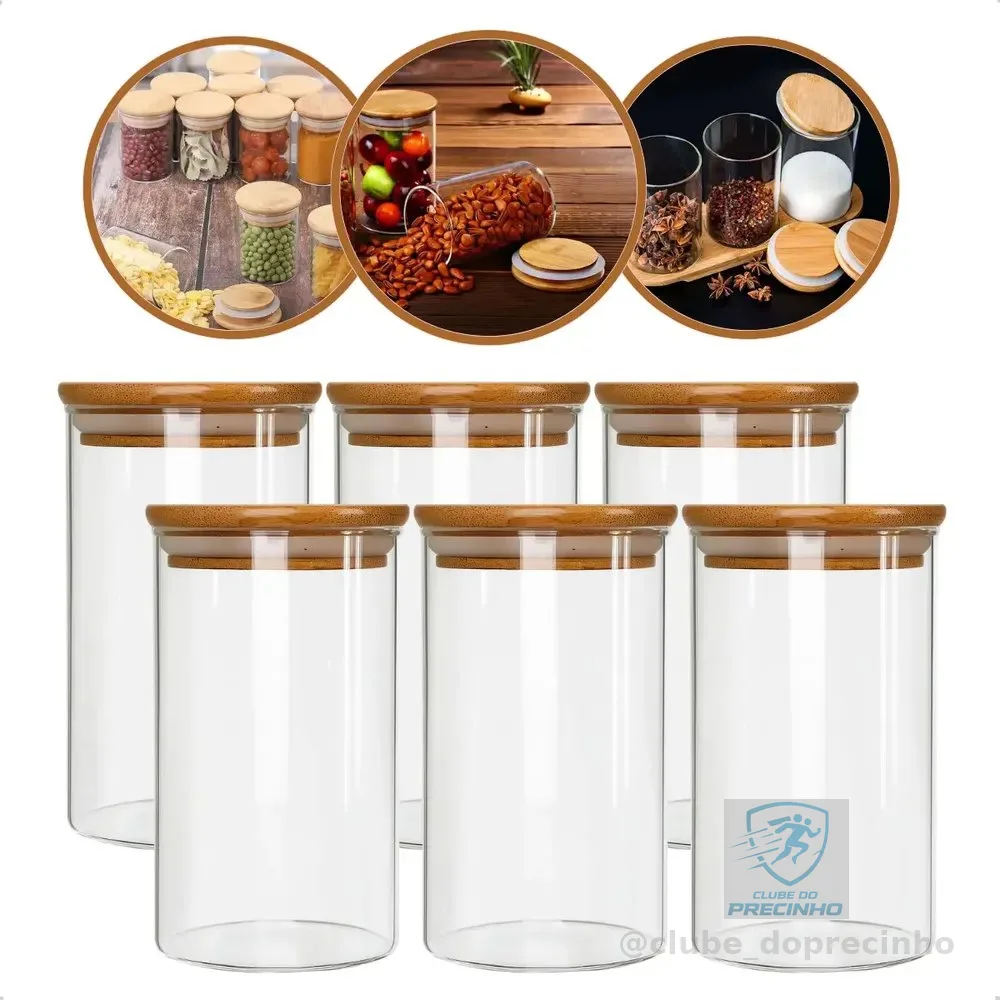 Kit Com 6 Potes De Vidro C/ Tampa De Bambu Hermético 300ml Sem Cor