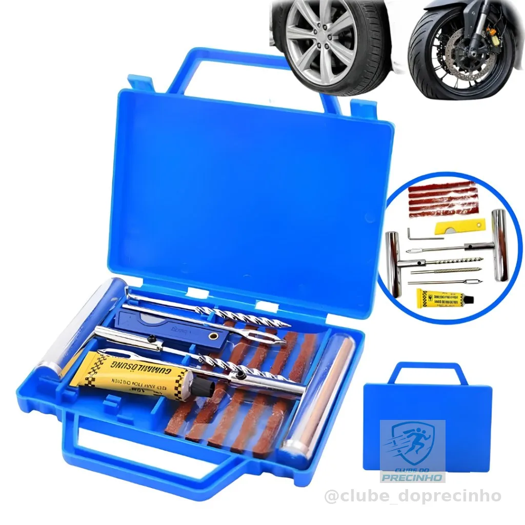 Kit Reparo de Pneus Sem Câmara 11 Peças Estojo Portátil com Brocas Aplicadores e Filetes de Borracha