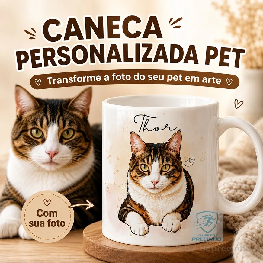 Caneca Personalizada com Foto do Pet Xícara com Caricatura Desenho Cachorro Gato e Nome Presente
